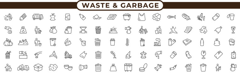 Garbage and Waste Line Icons Set. Trash Sorting, Recycling, and Disposal Editable Vector Collection