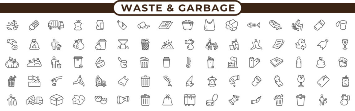 Garbage and Waste Line Icons Set. Trash Sorting, Recycling, and Disposal Editable Vector Collection