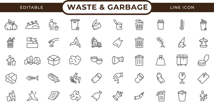 Garbage Line Icon Collection. Waste Sorting, Recycling, and Eco-Friendly Disposal Vector Pack