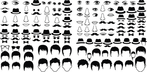 Set of black silhouette facial features including eyes, noses, mouths, mustaches, hats, and hairstyles for character creation