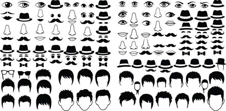 Set of black silhouette facial features including eyes, noses, mouths, mustaches, hats, and hairstyles for character creation