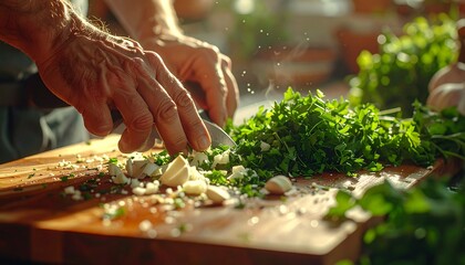 Macro footage of hands chopping fresh herbs and garlic on a wooden cutting board, natural daylight, rustic kitchen setting, cinematic tone