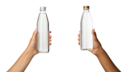 Two hands holding glass water bottle isolated on transparent background