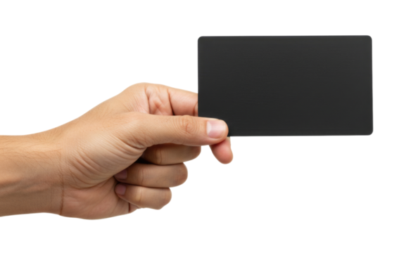 Hand holding a black square card transparent background cutout png