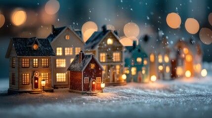 Fototapeta premium A picturesque snowy village illuminated for Christmas at dusk, capturing a serene holiday atmosphere.