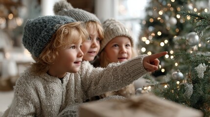 Children excitedly pointing at gifts under a Christmas tree during the holiday season.