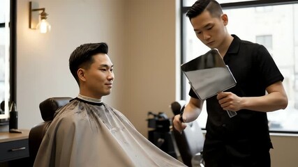 Young Asian Man Getting Haircut and Checking Result in Barber Shop