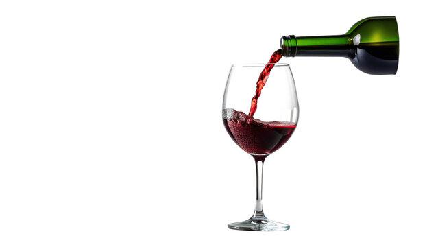 Red wine pouring from a bottle into a glass isolated on transparent background