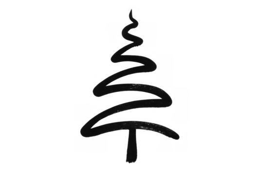 Abstract christmas tree line art drawing with rough brush strokes, minimal holiday decoration, transparent background