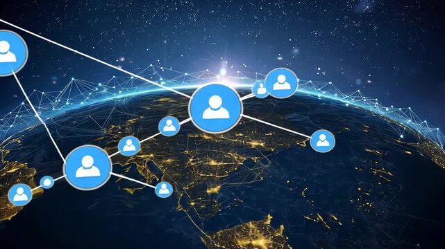 global digital network with expanding person icons over planet Earth for illustrating worldwide communication social media technological connections concept - Powered by Adobe