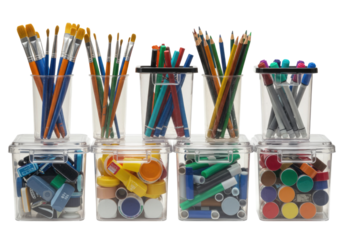Art supplies storage containers with brushes and pens transparent background cutout png