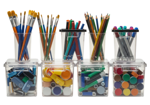 Art supplies storage containers with brushes and pens transparent background cutout png