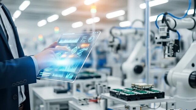 Innovative Technology: A Businessman Using a Tablet to Control Robots in a Futuristic Environment with Advanced Robotics Integration Demonstrated