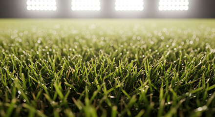 Close up of green sports field grass and stadium lights
