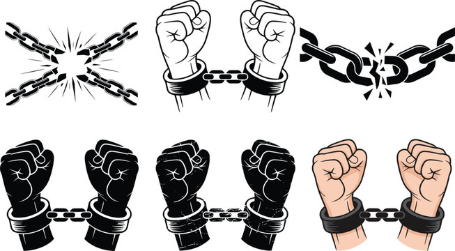 Broken chains and fists raised in freedom and struggle breaking chain link