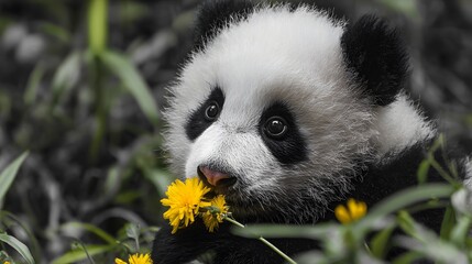 Obraz premium Young giant panda cub gently nibbles bright yellow blossoms amidst dark foliage