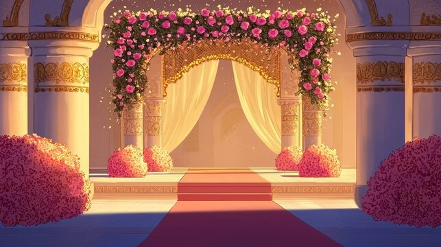 Beautifully designed mandap arch adorned with vibrant flowers for an Indian wedding.