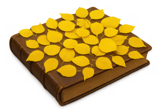 Leather book decorated with yellow autumn leaves, symbolizing knowledge, history, nature, and the changing seasons - Powered by Adobe
