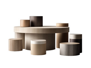 Table with different wooden stools arrangement of diverse wooden stools around table showcasing varied designs and natural material