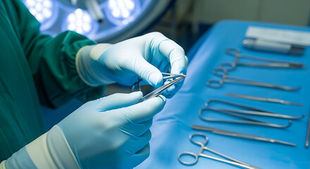 Fototapeta premium Surgical instruments and gloved hands in operation