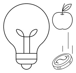 Lightbulb with leaves, apple with stem, and falling coin symbolizing innovation, physics, and value. Ideal for creativity, science, progress renewable energy finance knowledge education. Simple