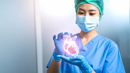 Female doctor in medical mask and gloves holding a glowing heart hologram, symbolizing advanced cardiac care and medical innovation. - Powered by Adobe