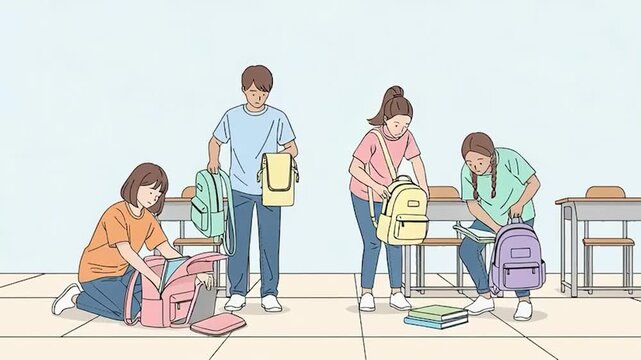 Students packing and unpacking their backpacks in a classroom setting.