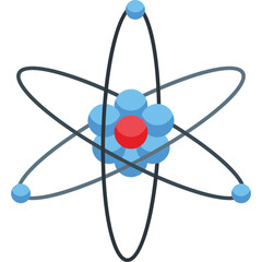 Stylized atomic model with blue orbiting electrons around a red nucleus set against a transparent background representing science and education