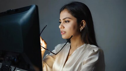 Young woman working late at her computer, adjusting her glasses in a dark room - Powered by Adobe