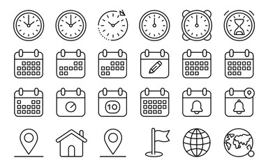 Fototapeta premium White outline icons for time, dates, and location on a black background clock watch Flat PNG Icon Set Isolated on Transparent Background