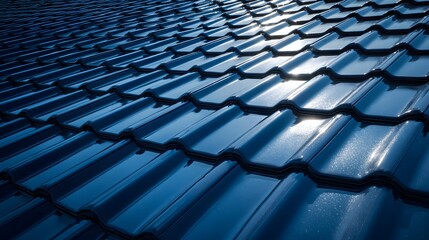 Obraz premium Rows of dark blue, reflective roofing tiles catch bright sunlight creating striking highlights.