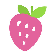 Pink Strawberry Sticker With Green Leaves And White Seeds On Transparent Background Simple Flat Design