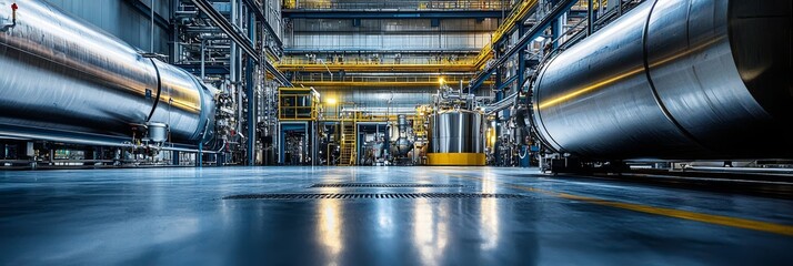 Hydrogen production and processing plant interior showcasing vast storage tanks.