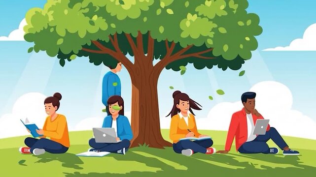 Students studying and learning outdoors under a large tree in a park.