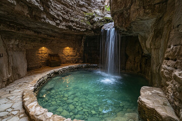 Naklejka premium A hidden hot spring waterfall cascading into a natural stone pool