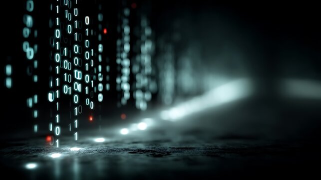 Dark digital background with glowing binary code and matrix grid, abstract futuristic style, wide left blank space for text, ideal for technology, data, coding, and cyber concepts.