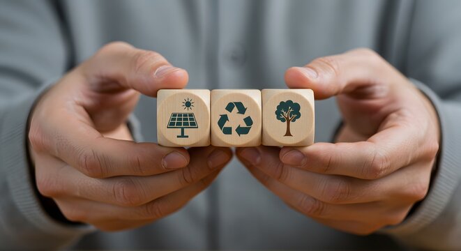 Hands holding wooden cubes with solar recycle and tree icons symbolizing sustainability and ecofriendly future.