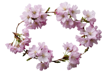 Pink cherry blossom branches forming a circular wreath on black background flower floral, Png, Isolated on Transparent Background, Cut Out