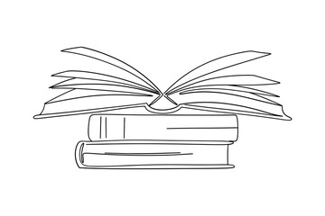 Continuous Line Drawing of Open Book and Stack of Books Illustration