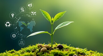 Lush Green Sprout on Moss with Digital Environmental Icons and World Map Symbolizing Sustainable Future.