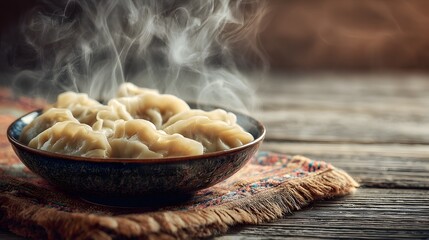 Steaming hot dumplings rest in a dark bowl atop a wooden surface with fabric underneath