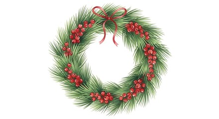 A watercolor illustration of a festive Christmas wreath with green pine needles, red berries, and a delicate red bow on a white background.