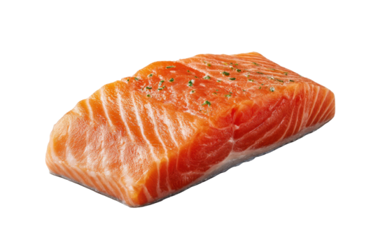 Raw salmon fillet with green herbs sprinkled on top isolated on black fish seafood, Png, Isolated on Transparent Background, Cut Out