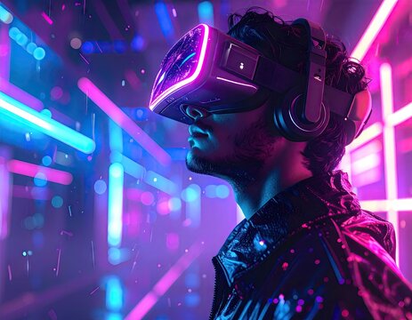 Man Immersed in Virtual Reality Headset with Neon Purple and Blue Light Streaks Futuristic Digital Experience Technology Innovation