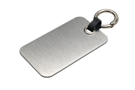Brushed metal rectangle tag with black strap and silver ring on black image, Png, Isolated on Transparent Background, Cut Out - Powered by Adobe