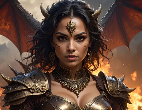 A beautiful, horned being with wings stands against a fiery backdrop