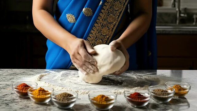 Indian woman in a blue saree is kneading dough on a counter with various spices lined up in front.