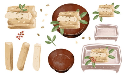 水彩のたたきごぼう 和え物 おせち料理 和食 ごぼう イラスト セット