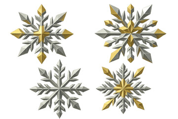 Metallic snowflakes collection with gold and silver accents, representing winter holidays and frozen elegance on transparent background