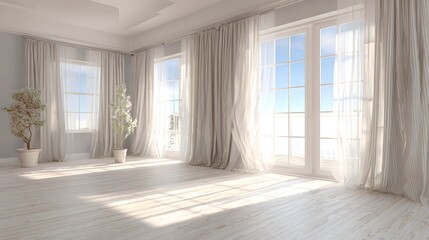 Obraz premium Bright, empty interior space flooded with sunlight streaming through sheer covered windows
